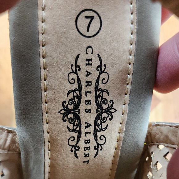 Charles Albert Beige Perforated Cork Open Toe Wedge Slingbacks Size 7 - Picture 14 of 14